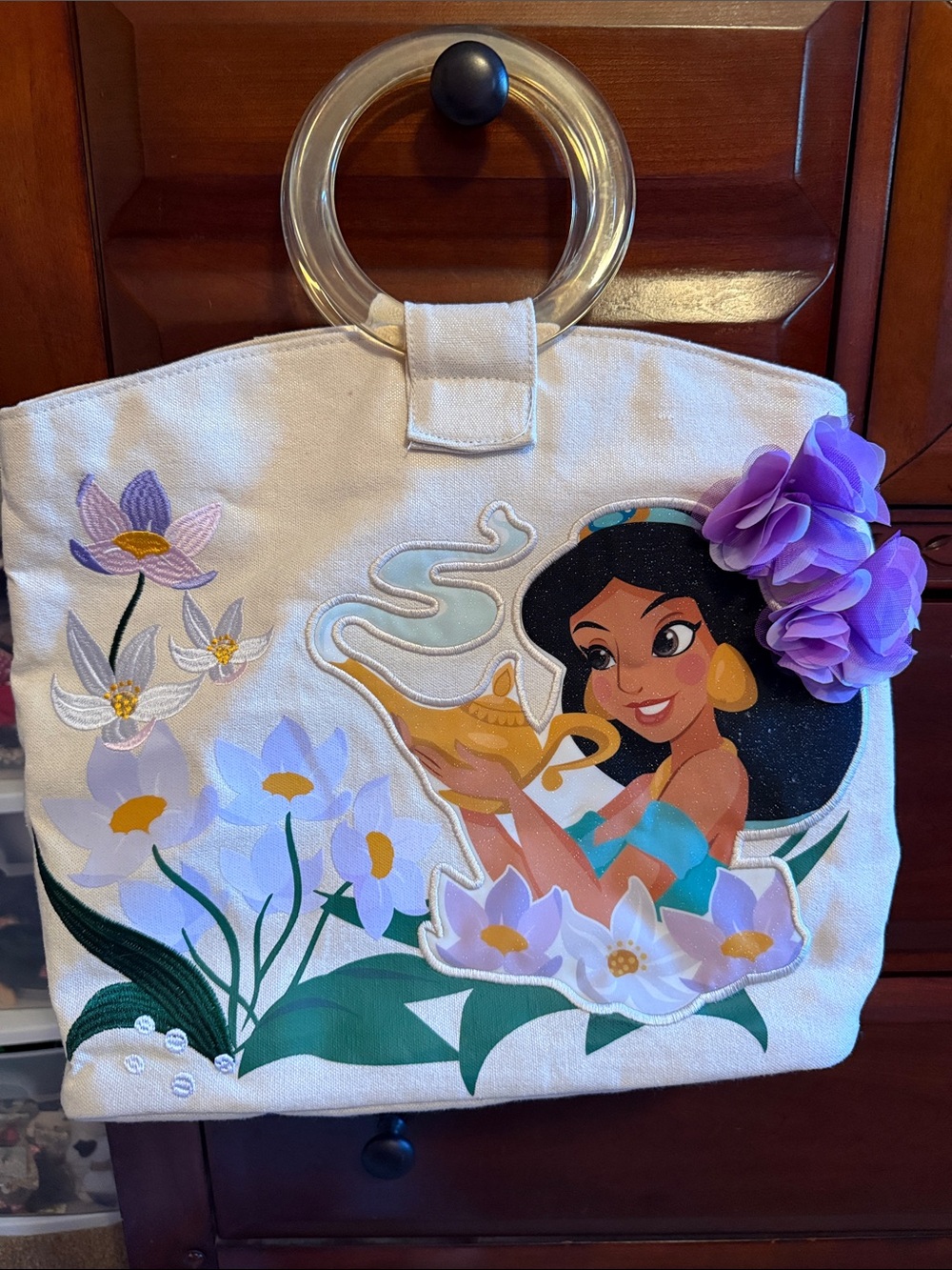 Disney Jasmine Canvas Pool Tote Bag in Cream with Purple Accents
